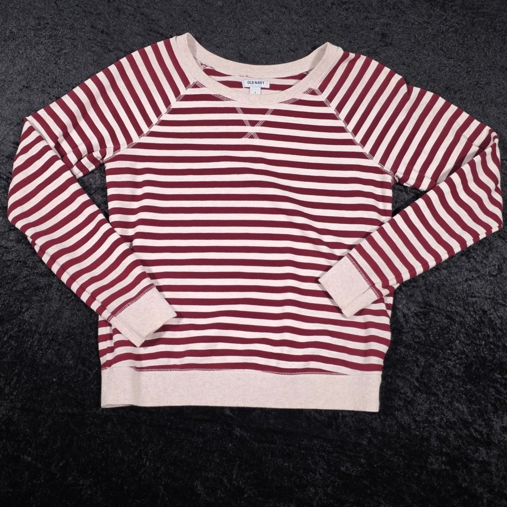 Old Navy Womens Small Burgundy Cream Striped Raglan French Terry Sweatshirt - Picture 2 of 5